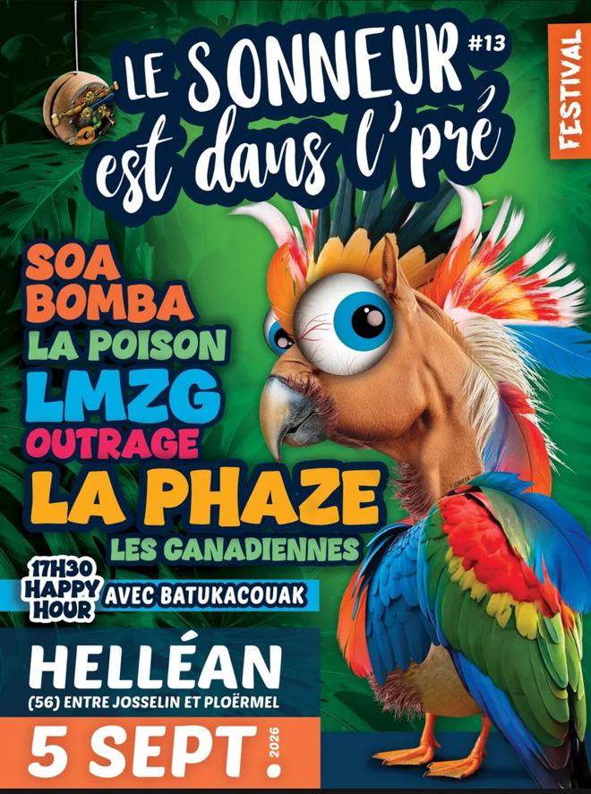 Affiche du festival Le Sonneur est dans l'pré 2026 : un perroquet à tête de cheval dans la jungle, avec La Phaze, LMZG, La Poison, Outrage, Soa Bomba et Les Canadiennes